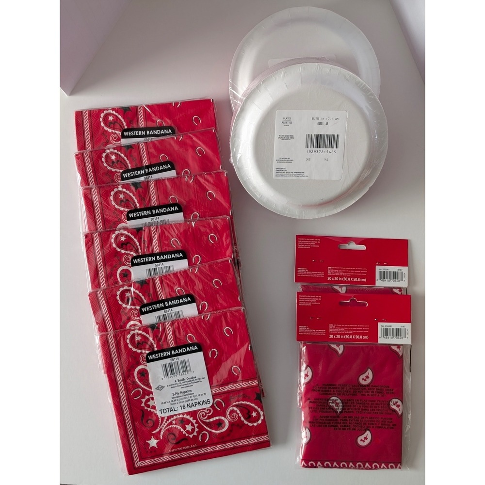 Western Red Bandana Party Supplies Set Plates Napkins Bandanas Cowboy Theme 198p - Picture 3 of 13